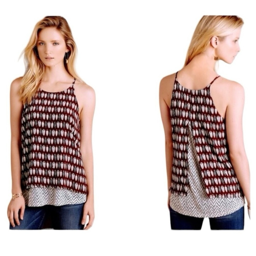 Anthropologie Porridge Feather Print Split Back Layered Tank Blouse | Size M |
